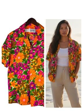 RARE Vtg 60s Pomare Hawaiian Shirt Top Sz Medium Barkcloth Floral Tiki Luau